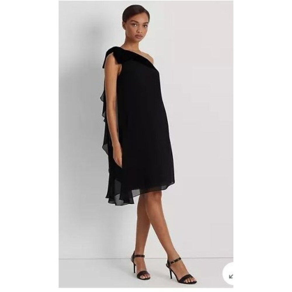 Lauren Ralph‎ Lauren Chiffon One-Shoulder Dress cocktail dark romantic sz 4